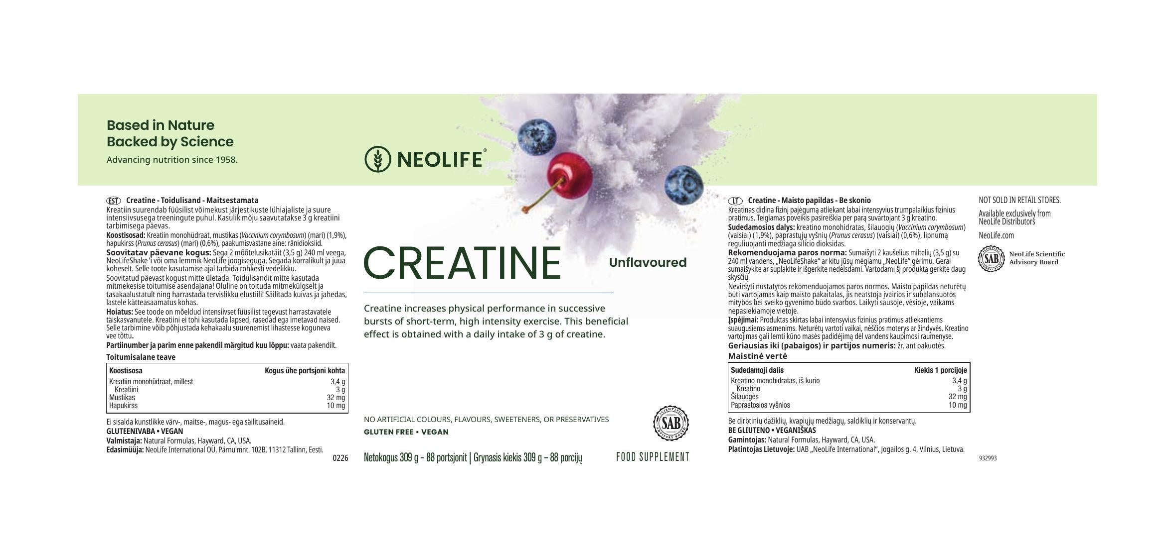 NeoLife Creatine 309 g – lietuviška produkto etiketė, sudėtis ir vartojimo informacija